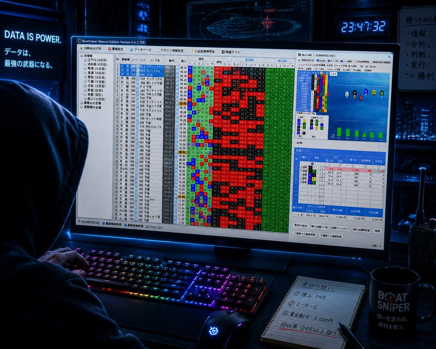 BoatSniper Manual Edition を映したモニターと、狙いを書き出したノート。DATA IS POWER／データは、最強の武器になる。