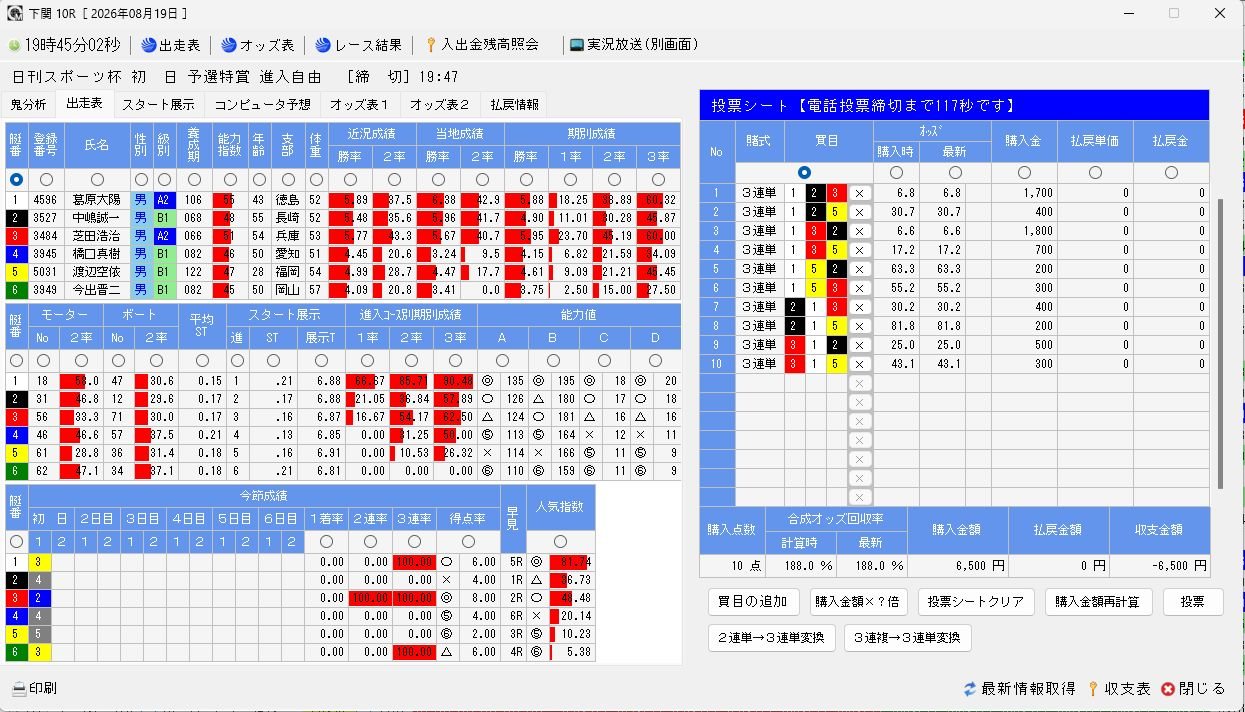出走表の画面