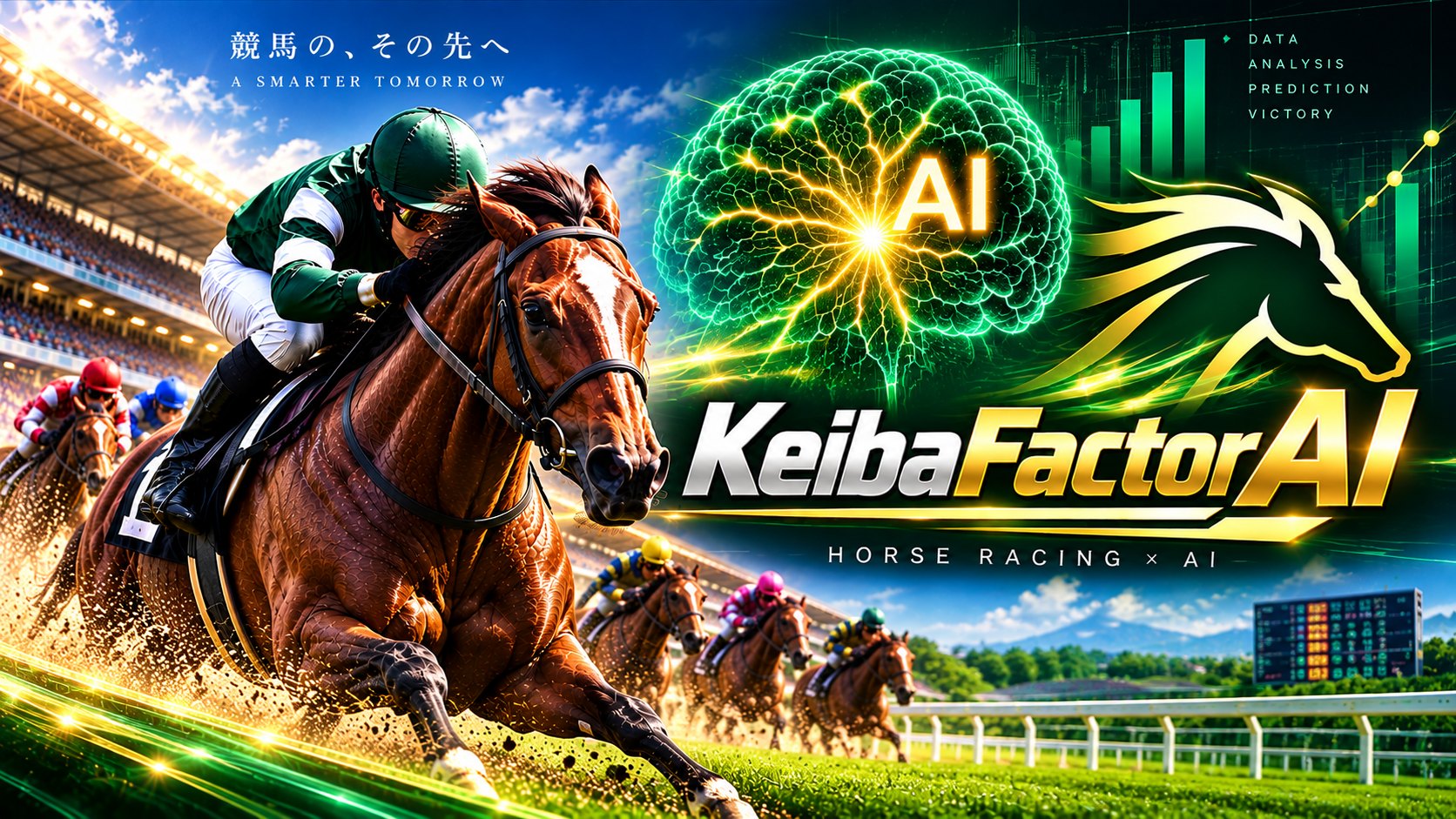 KeibaFactorAI のキービジュアル。疾走する競走馬と騎手、ニューラルネットワークの脳。競馬の、その先へ。HORSE RACING × AI